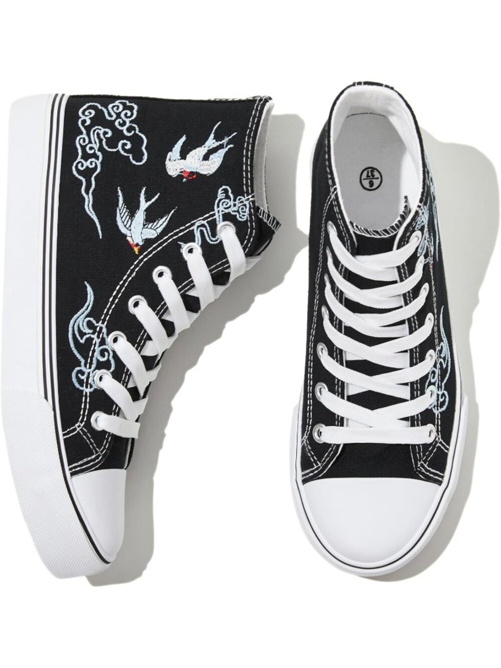 Women's Black Lucky High Top Canva Embroidered Breathable Lace Up Casual Sneaker